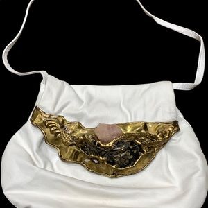 Shoulder White Leather Bag with Bronze Detail and Rose Quartz